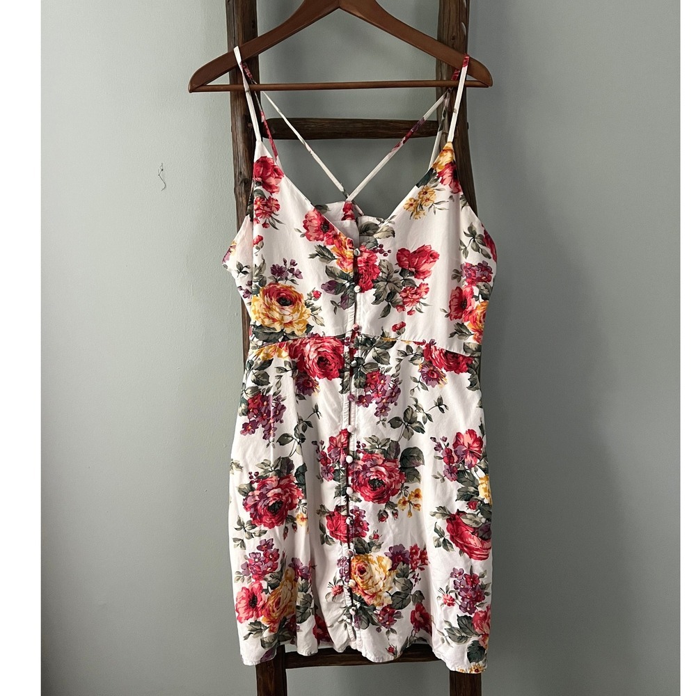 Abercrombie & Fitch White Floral Mini Dress with Pink & Yellow Roses